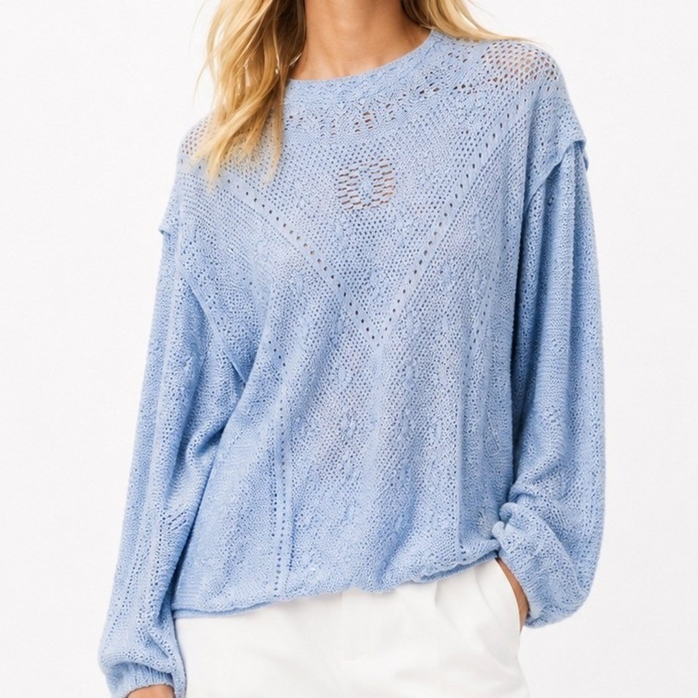 White House Black Market Light Blue Pointelle Knit Sweater XL Long Sleeve Crew